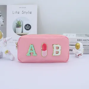 Custom Embroidery DIY Letter Patches Makeup Travel Bag Recycled Nylon Cosmetic Bags Cases Canvas Zipper Bag Zipper Pouch Fashion