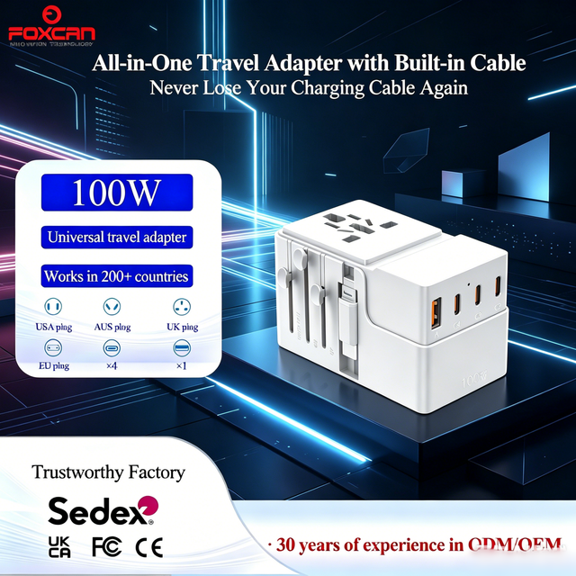 Foxcan All One 100W GaN Universal Travel Adapter 4 USB-C 1 USB-A PD QC3.0 Fast Charger Fireproof Material Laptop Camera Earphone
