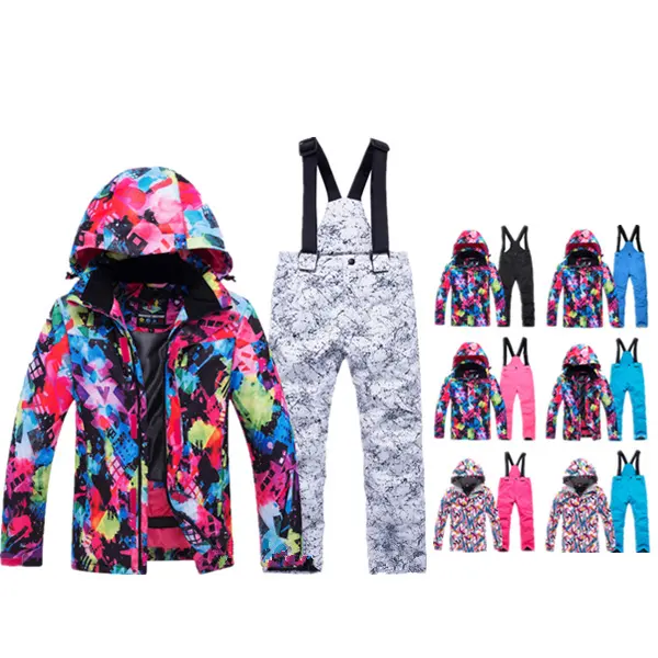 Wholesale outdoor ski sports waterproof girls boys child winter wear cute ski jacket pants pink ski suits for kids