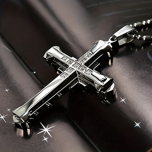 Nuova collana da uomo nera in acciaio inossidabile con ciondolo a croce di gesù con catena di bambù con diamanti in zirconio di cristallo-regalo di gioielli per uomo - Product Image 4