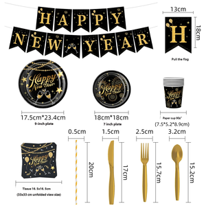 Juego <span class=keywords><strong>de</strong></span> Artículos para Fiesta <span class=keywords><strong>de</strong></span> <span class=keywords><strong>Nochevieja</strong></span> en Negro y Dorado, Juego <span class=keywords><strong>de</strong></span> Platos, Vasos y Servilletas <span class=keywords><strong>de</strong></span> Papel para Fiesta <span class=keywords><strong>de</strong></span> Año Nuevo - Product Image 2