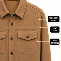 Veste chemise en laine mélangée épaisse camel OEM pour homme, style streetwear, avec épaules tombantes, boutonnage frontal et double poche poitrine