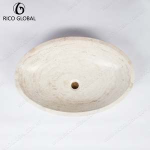 Lavabo ovale en travertin blanc, vasque en pierre pour salle de bain, lavabo à poser sur comptoir - Product Image 3