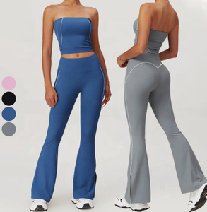 Ensemble de survêtement deux pièces respirant de haute qualité pour l'entraînement sportif estival, jogging, pantalon long évasé uni - Product Image 1