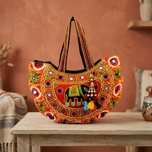 Hermoso Bolso de Hombro Tipo Tote para Mujer, Hecho a Mano en India, con Bordado de Elefante Tallado y Trabajo de Espejo, de Algodón de Color Sólido, Portátil y Abierto - Product Image 3