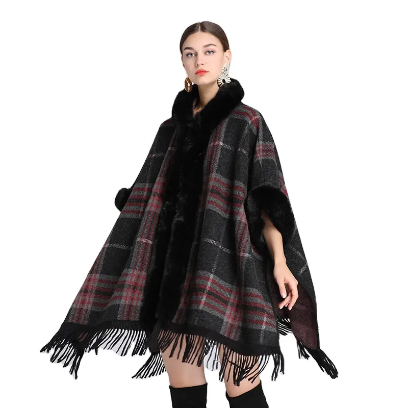 Manteau à capuche en fausse fourrure de lapin pour femme, manteau d'hiver en cachemire, pardessus, glands, châles et écharpes, vente en gros