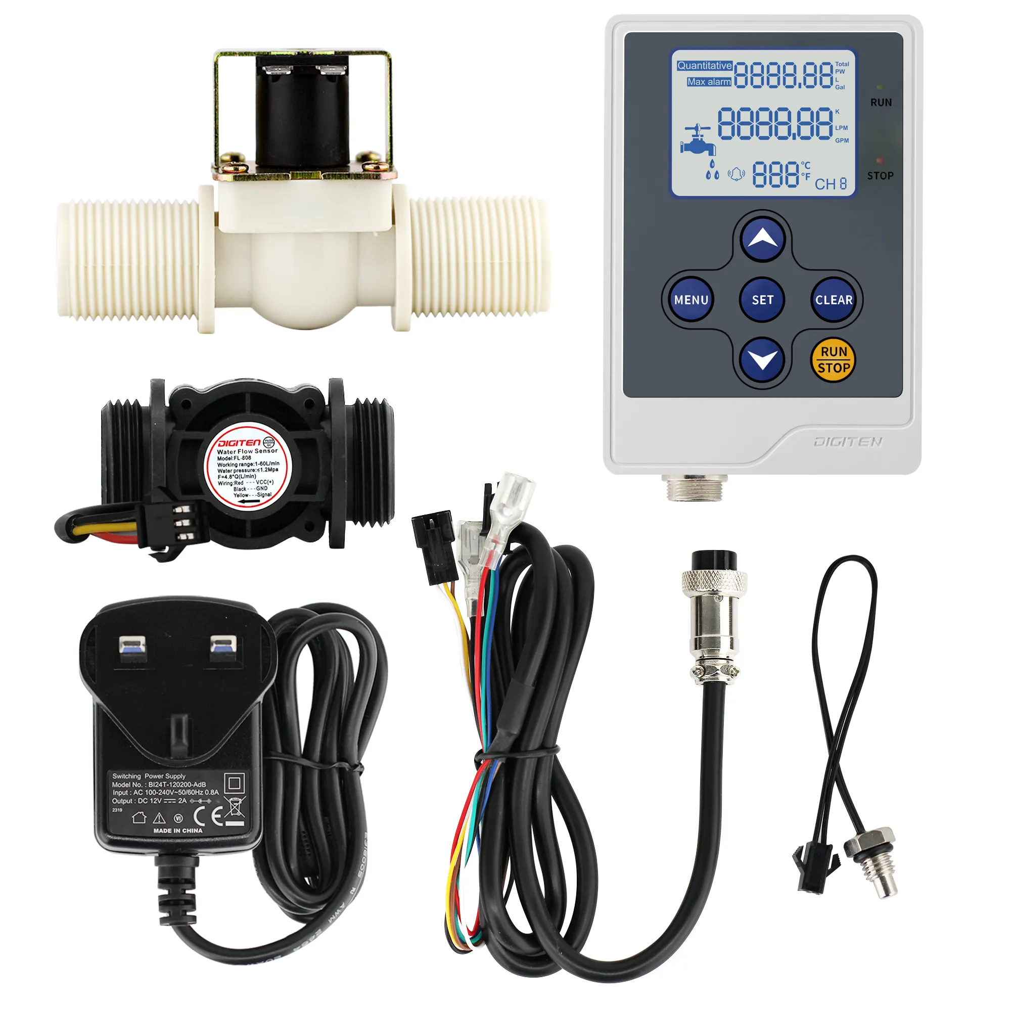 DFC15 LCD Display Flow Quantitative Controller + G1" Water Flow Meter 1-60L/min + G1" Solenoid Valve +DC 12V Power Adapter