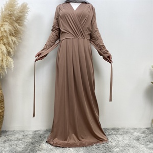 Robe de soirée unie pour femme avec col en V, manches fines, longueur ras du sol, pour femme musulmane, idéale pour les vacances, 8 couleurs, 6421 # - Product Image 3