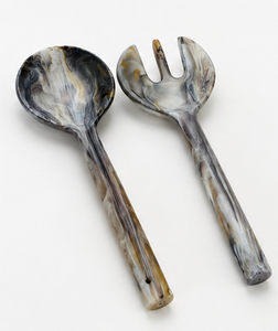 Ensemble de service à salade en résine gris-brun, cuillère et fourchette faites à la main, texture tourbillonnée, ustensiles de cuisine artistiques pour la table - Product Image 3