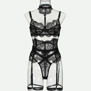 Lace Splicing Hollow Body Shaping Sexy Suit Perspective Hanging Neck Sexy Underwear Five-Piece Set - Product Image 5