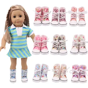 Yeni stil çeşitli baskılı desenler yüksek üst kanvas ayakkabılar 18 inç bebek kanvas ayakkabılar giyim aksesuarları Zapatos Para Munecas