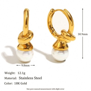 European American Style French Retro 18K Gold Plated Stainless Steel <b>Knotted</b> Heart Pearl Hoop <b>Earrings</b> Fine Jewelry - Product Image 6