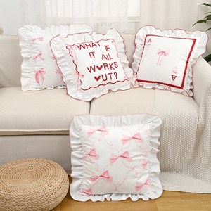 Housses de coussin en velours à volants imprimé <span class=keywords><strong>papillon</strong></span> rose pour canapé, taies <span class=keywords><strong>d</strong></span>'<span class=keywords><strong>oreiller</strong></span> shabby chic de couleur unie avec volants 18x18 pouces/ - Product Image 1