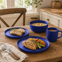 Service de table 16 pièces en porcelaine bleu marine avec finition mate – Assiettes, bols, tasses à café – Personnalisable, pour la maison, compatible lave-vaisselle