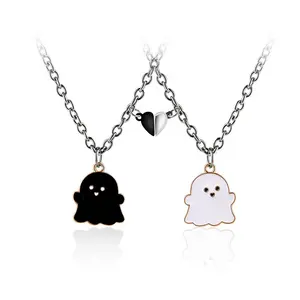 Black And White Ghost Necklace Halloween Gift Heart Magnetic Pendant Couple Stainless Steel Chain Necklace For Women Girls
