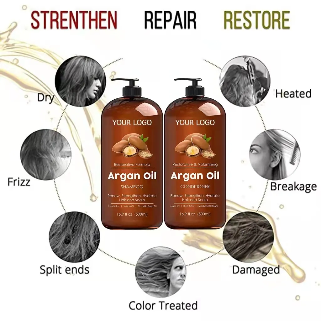 A buon mercato all'ingrosso rafforzare riparazione danneggiato shampoo per capelli olio di argan shampoo e balsamo set