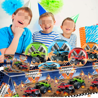 Ensemble de fournitures pour fête d'anniversaire Monster Truck : Assiettes, gobelets, serviettes, nappes, bannière, ballons, décorations de gâteau, fourchettes, vaisselle jetable