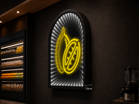 Enseigne lumineuse LED blanche effet miroir infini avec tunnel profond et large bordure noire pour affichage mural de bar à cocktails, lounge ou boîte de nuit