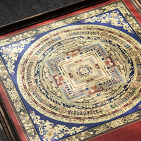 Thangka tibétain rétro, Artisanat, Thème 'Time Wheel Diamond Altar City', Nature morte, Suspendu mobile, Cadre en laiton et noyer, Pour salon
