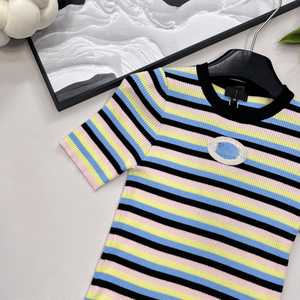 Women Multicolor Stripe Ribbed Knit <b>T</b> Shirt with Chest Cutout Short Sleeve Casual Top - Product Image 3