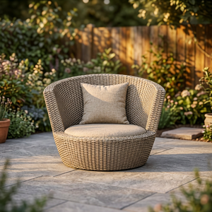 Chaise de jardin contemporaine en osier avec coussin, mobilier d'extérieur beige, design rond, pour patio et loisirs - Product Image 4