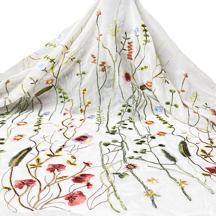 Harvest latest colorful spring grass butterfly floral embroidered on silk chiffon base fabric for women and children dress