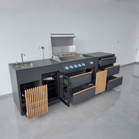 Station de cuisine extérieure moderne tout-en-un avec barbecue à gaz, brûleur latéral, évier, réfrigérateur bar et modules de tiroirs roulants pour jardin et barbecue