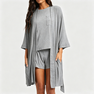 Cozy Women 3 Pcs Bamboo Robe Set Adult Kimono Pajama Set Ladies Lounge Wear Set Skin Friendly Sleepwear