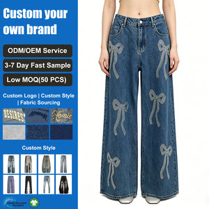Jeans de Mezclilla para Mujer, Jeans de Mezclilla de Lujo, Color Azul Deslavado, con Lazo de Diamantes de Imitación, Corte Recto, Anchos, Talla Grande - Product Image 1