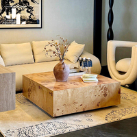 Table basse carrée en placage de bois de burl, style nordique, pour salon de villa, hall d'hôtel, table basse vintage en bois, meubles