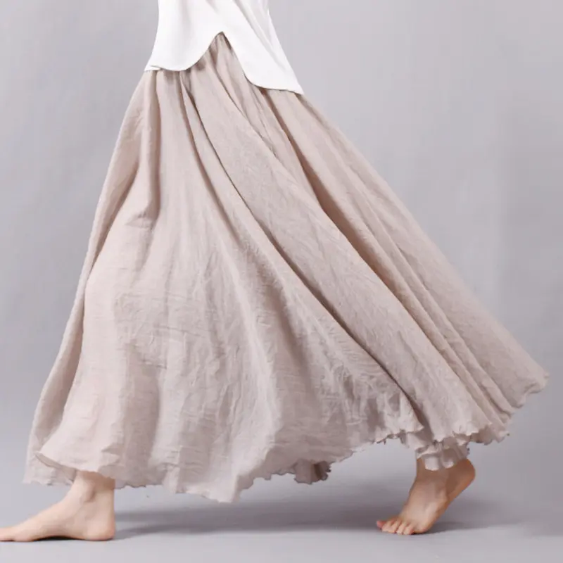 Summer Women Linen Cotton Long Skirts Elastic Waist Pleated Maxi Skirts Beach Boho Vintage Skirts