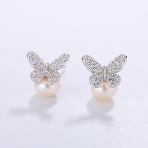 S925 <b>Silver</b> Butterfly Freshwater Pearl <b>Stud</b> Earrings Cubic Zirconia Pave Elegant Jewelry Gift for Women - Product Image 2