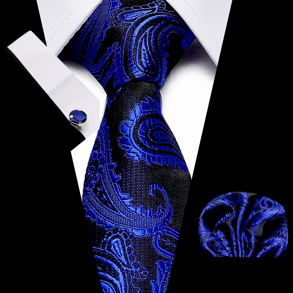 New paisley Tie Men's 7cm Silk Necktie Set Blue Green Black Pink handkerchief&cufflinks set