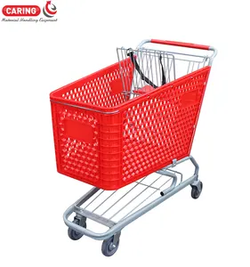 Пластиковая корзина для супермаркетов 200 л, красного цвета с принтом логотипа