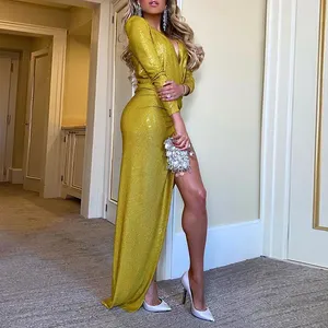 Women polyester Solid Sequins Crisscross Deep V Ruched Slit Party Dress hidden back zipper closure knee length banquet dress