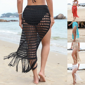 Jupe longue sexy ajourée en maille à franges pour femme, cache-maillot de plage, paréo de bain <span class=keywords><strong>transparent</strong></span> en résille pour l'été - Product Image 3