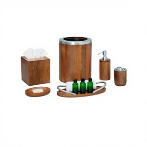 Ensemble d'accessoires de salle de bain en bois en métal marron 6 pièces pour décor de comptoir de salle de bain avec porte-savon distributeur de savon plateau d'agrément - Product Image 1