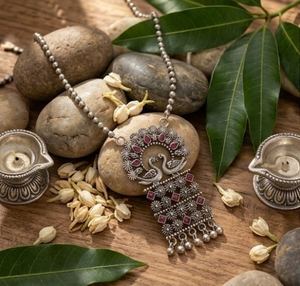 Parure de bijoux vintage de créateur avec deux pierres paon oxydées, collier et boucles d'oreilles, pour femme, style classique traditionnel ethnique, idéale pour mariage, fête et festival - Product Image 3