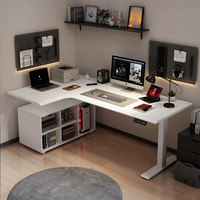 Bureau électrique en L blanc avec tiroir de rangement pour ordinateur et documents, idéal pour le télétravail