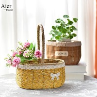 Keranjang Penyimpanan Bunga Anyaman Rotan Alami Buatan Tangan Aierflorist dengan Pegangan Bentuk Bulat/Oval, Wadah Pot Tanaman Hijau