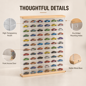 Vitrine en acrylique transparent à 60 emplacements pour voitures miniatures à l'échelle 1/64 Hot Wheels Tomica, support mural avec base en <span class=keywords><strong>bois</strong></span> - Product Image 2
