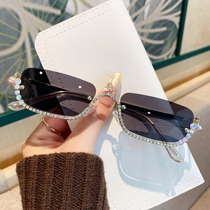 Square Half Rim Rhinestone <b>Sunglasses</b> UV400 Metal Frame Women's Lightweight Fashion Outdoors Party Style - Product Image 1