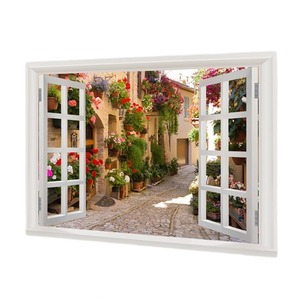 Autocollant mural 3D effet fenêtre - Décoration murale paysage de rue européenne avec pavés et fleurs pour salon, chambre et décoration intérieure - Product Image 4