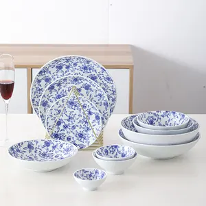 Service de vaisselle en porcelaine Fine, bleu et blanc, impression florale, vaisselle de Table, assiettes à dîner faites à la main, réglage de Table