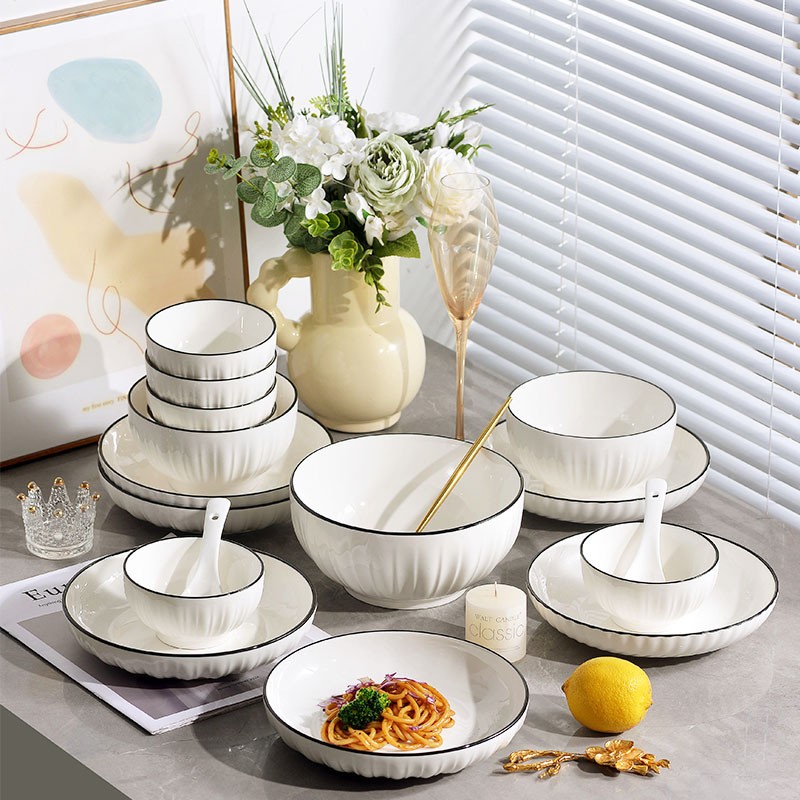 2024 New Household Modern Design Ceramic Tableware Sets Eco-Friendly Embossed Soup Bowls Chopsticks Rice Bowls Plates