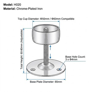 Base de <span class=keywords><strong>tube</strong></span> universelle ronde en fer chromé avec <span class=keywords><strong>bride</strong></span> pour support de <span class=keywords><strong>tube</strong></span> de 50 mm et 60 mm de diamètre - Product Image 4
