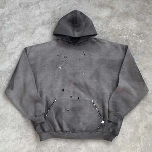 Hoodie Pria Custom 100% Katun French Terry Model Crop Warna Hitam Sun Faded Oversize Acid Wash Motif Cat Splatter Bordir Polos - Product Image 3