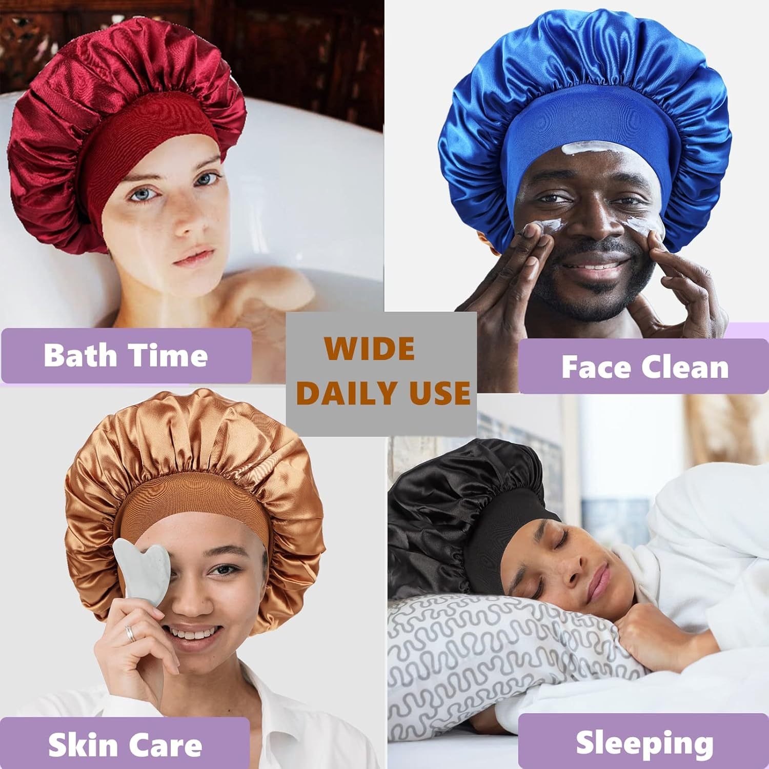 Shower Cap Wide Band Satin Bonnet Men's Satin Silk Haircare Bonnet Cap Wide Band Night Wear For Sleeping,  Hair Protection, Home Bathroom Supplies Shower Cap (A01-Black, A02-Blue), Satin  Hair Bonnet, Protects Hair TikTok Shop