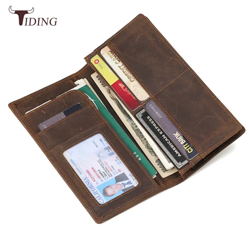 TIDING Custom Logo Brown Vintage RFID Long Genuine Leather Wallet Crazy Horse Leather Amazon Hot Selling Long Wallet Men