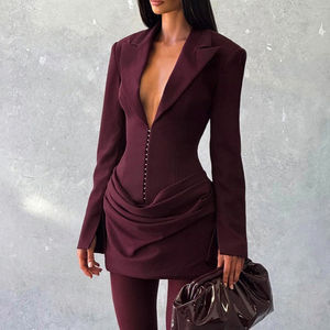 Abito Corto Sexy con Scollo a V e Volant, Blazer con Striscia sul Retro, Vestito da Festa Formale, Giacca da Ufficio per Donna - Product Image 2